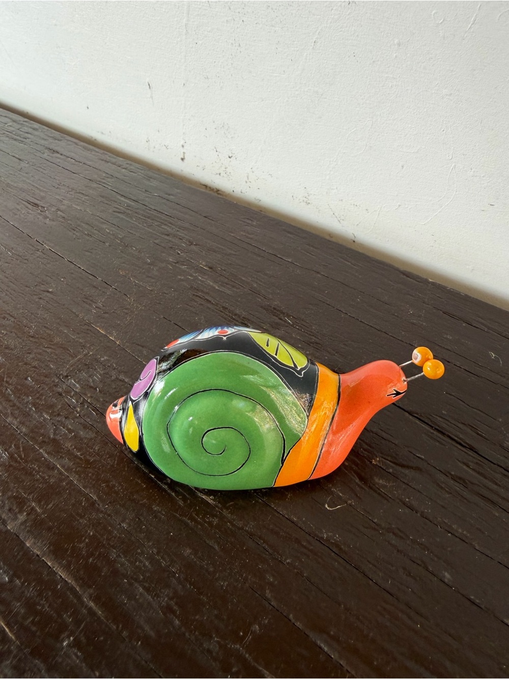 Colorful Talavera Snail Sculpture - Green & Pink